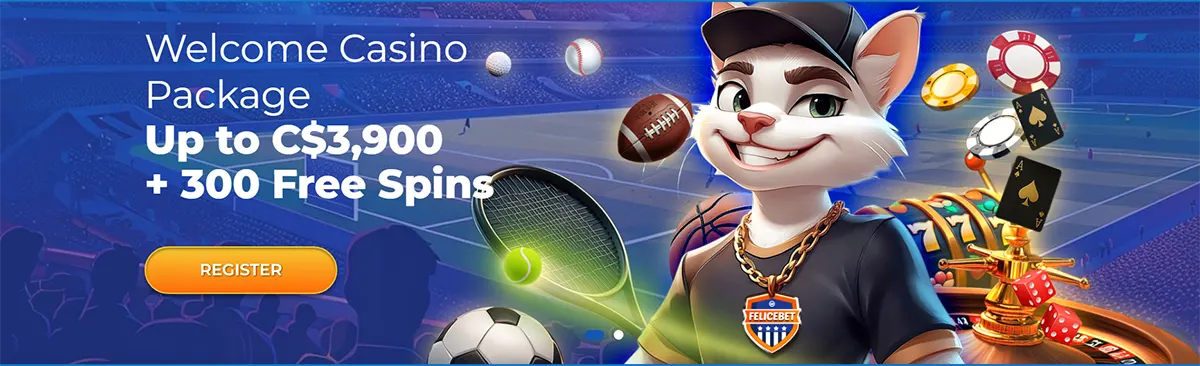 Casino welcome banner featuring a cartoon cat mascot in a stadium setting, promoting a package up to C$3,900 plus 300 free spins, with sports and casino elements and a register button.