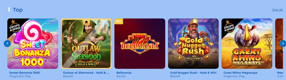 Top casino games carousel featuring Sweet Bonanza 1000, Outlaw of Sherwood, Bellmania, Gold Nugget Rush, and Great Rhino Megaways on a light blue interface.