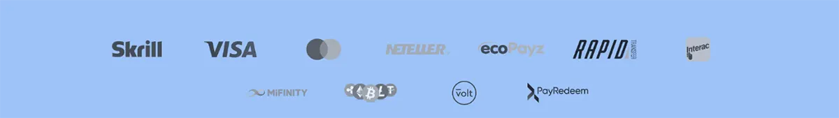 Payment methods banner showing Skrill, Visa, Mastercard, Neteller, ecoPayz, Rapid Transfer, Interac, MiFinity, cryptocurrency icons, Volt, and PayRedeem logos on a light blue background.