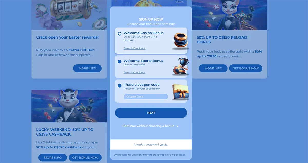 Casino sign-up screen with bonus selection options for casino, sports, or coupon code, surrounded by blue promotional offer cards on a light blue background.